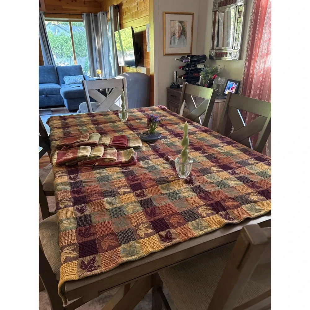 Autumn Leaf Patchwork Woven Jacquard Tablecloth 48x58 8 Napkins Set Earth Tones